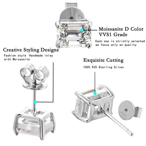 3.79Ct GUMBO Emerald Cut Square Rectangular Simulated Diamond Earrings STuds - Picture 1 of 16